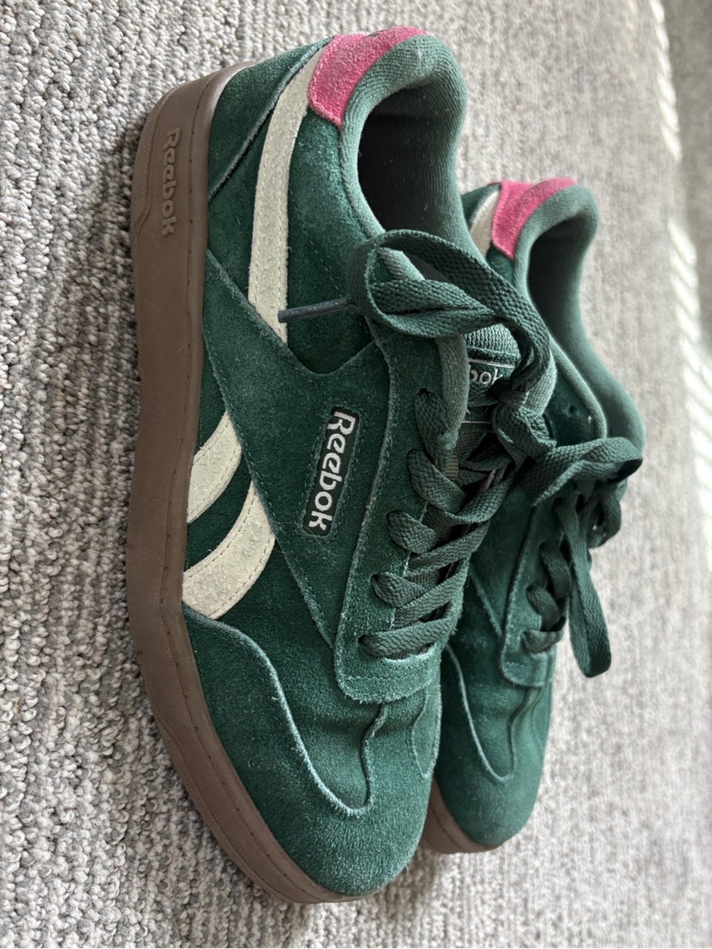 Reebok Green Suede Sneakers with Pink Heel Accent